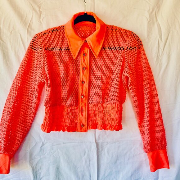 Hot pink fishnet-style cropped sweater jacket. - Picture 1 of 6